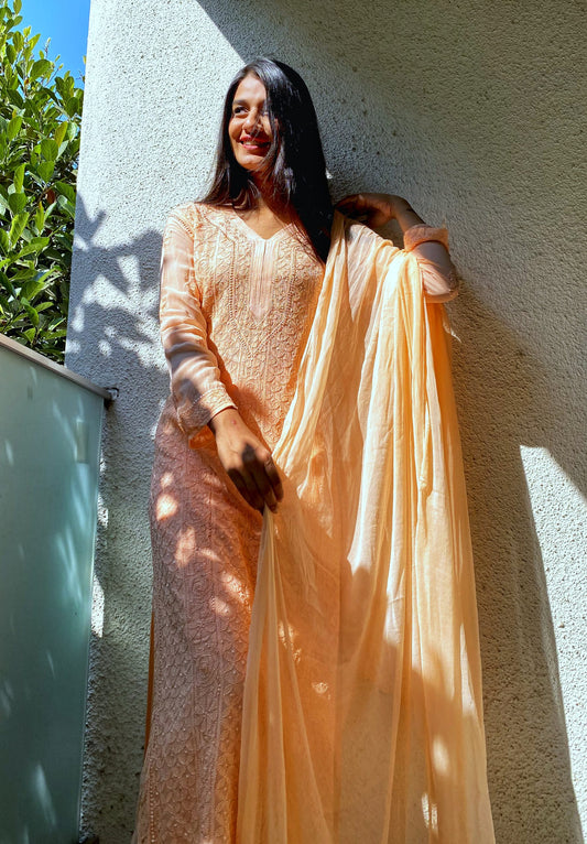 Resham Powder Peach premium georgette 3-piece set with silk inner, featuring luxurious Chikankari embroidery and kurta from LVW Fashion.
