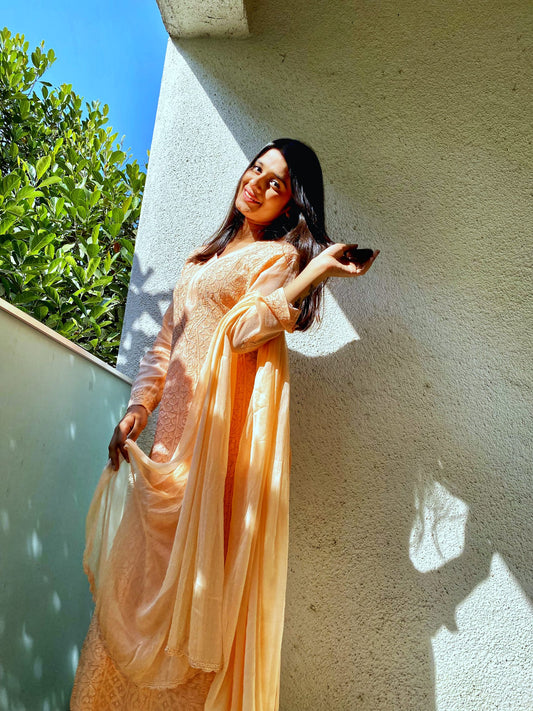Resham Powder Peach premium georgette 3-piece set with silk inner, featuring luxurious LVW Fashion Chikankari kurta and accessories.
