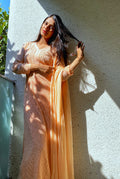 Resham Powder Peach Georgette 3-piece set with silk inner, luxurious LVW Fashion Chikankari kurta and matching accessories.