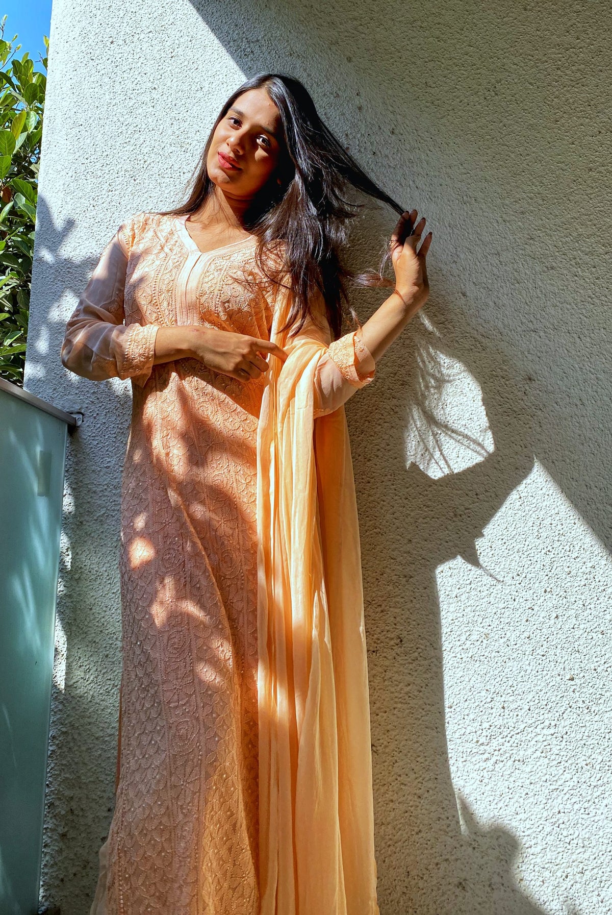 Resham Powder Peach Georgette 3-piece set with silk inner, luxurious LVW Fashion Chikankari kurta and matching accessories.