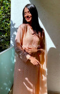 Resham Powder Peach premium georgette 3-piece set with silk inner, luxurious Chikankari kurta by LVW Fashion.