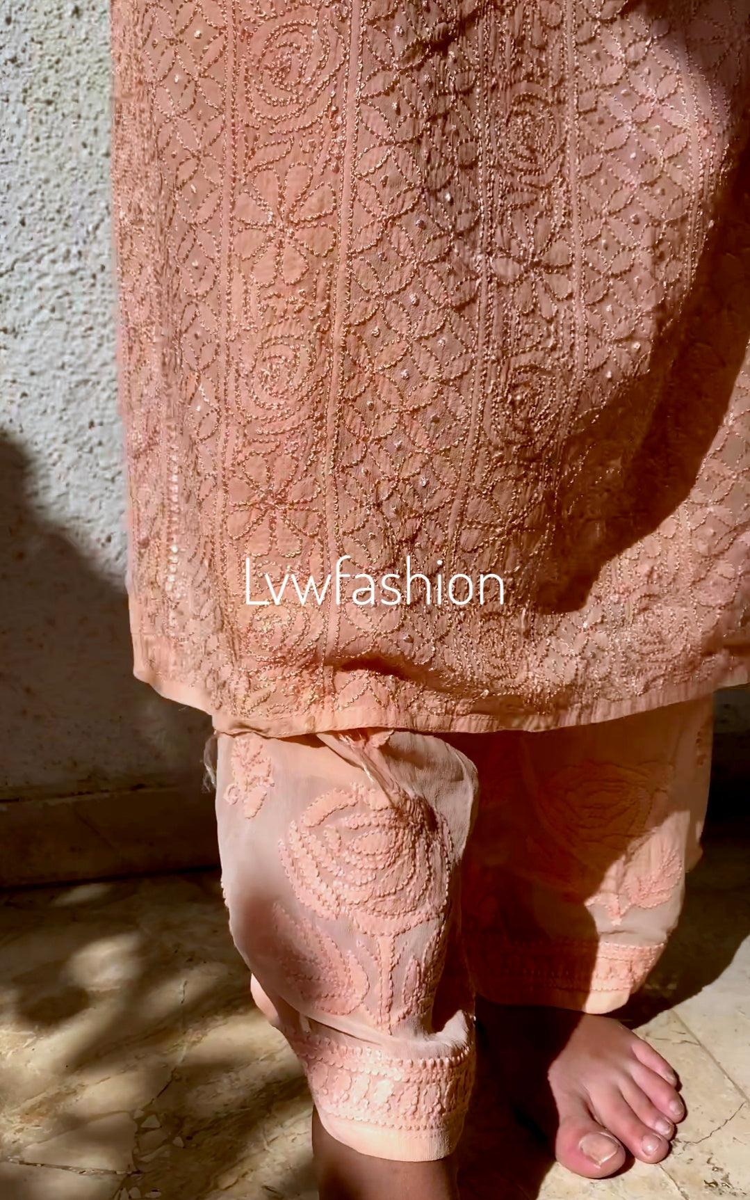Resham Powder Peach Premium Georgette 3-piece set with silk inner, luxurious Chikankari kurta by LVW Fashion.