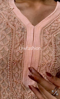 Resham Powder Peach premium georgette 3-piece set with silk inner, traditional Chikankari embroidery by LVW Fashion Luxurious.
