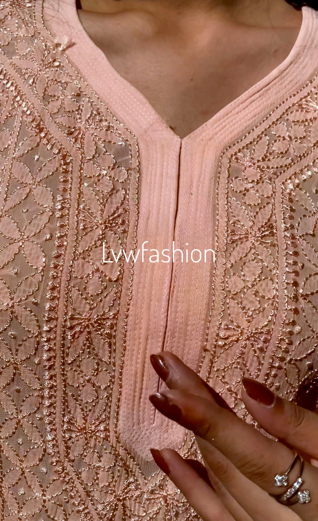 Resham Powder Peach premium georgette 3-piece set with silk inner, traditional Chikankari embroidery by LVW Fashion Luxurious.