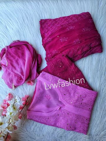 Beautiful rose-colored georgette 3-piece sharara set by LVW Fashion, featuring an ombre shade and intricate chikankari embroidery.