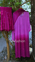 Beautiful rose-colored georgette 3-piece sharara set with ombre shades and intricate chikankari by LVW Fashion.