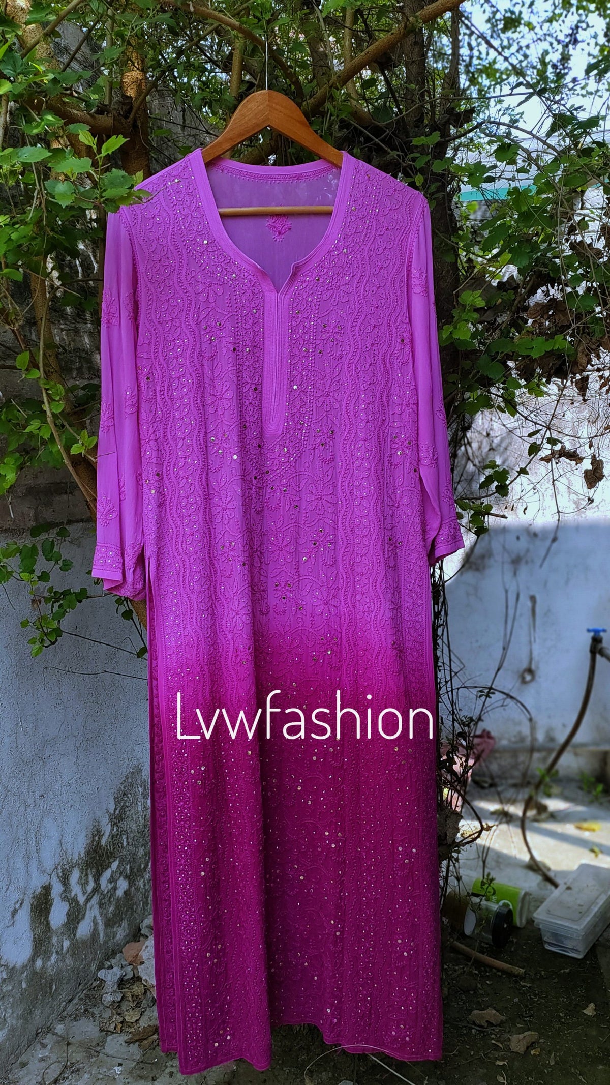 Beautiful rose-colored georgette 3-piece sharara set with ombre shades, featuring elegant chikan embroidery from LVW Fashion.