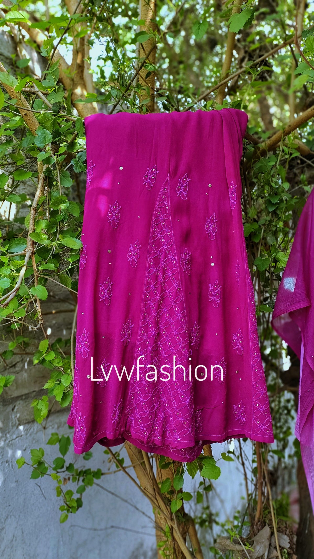 Elegant rose-colored georgette 3-piece sharara set with ombre shades and intricate chikankari embroidery by LVW Fashion.