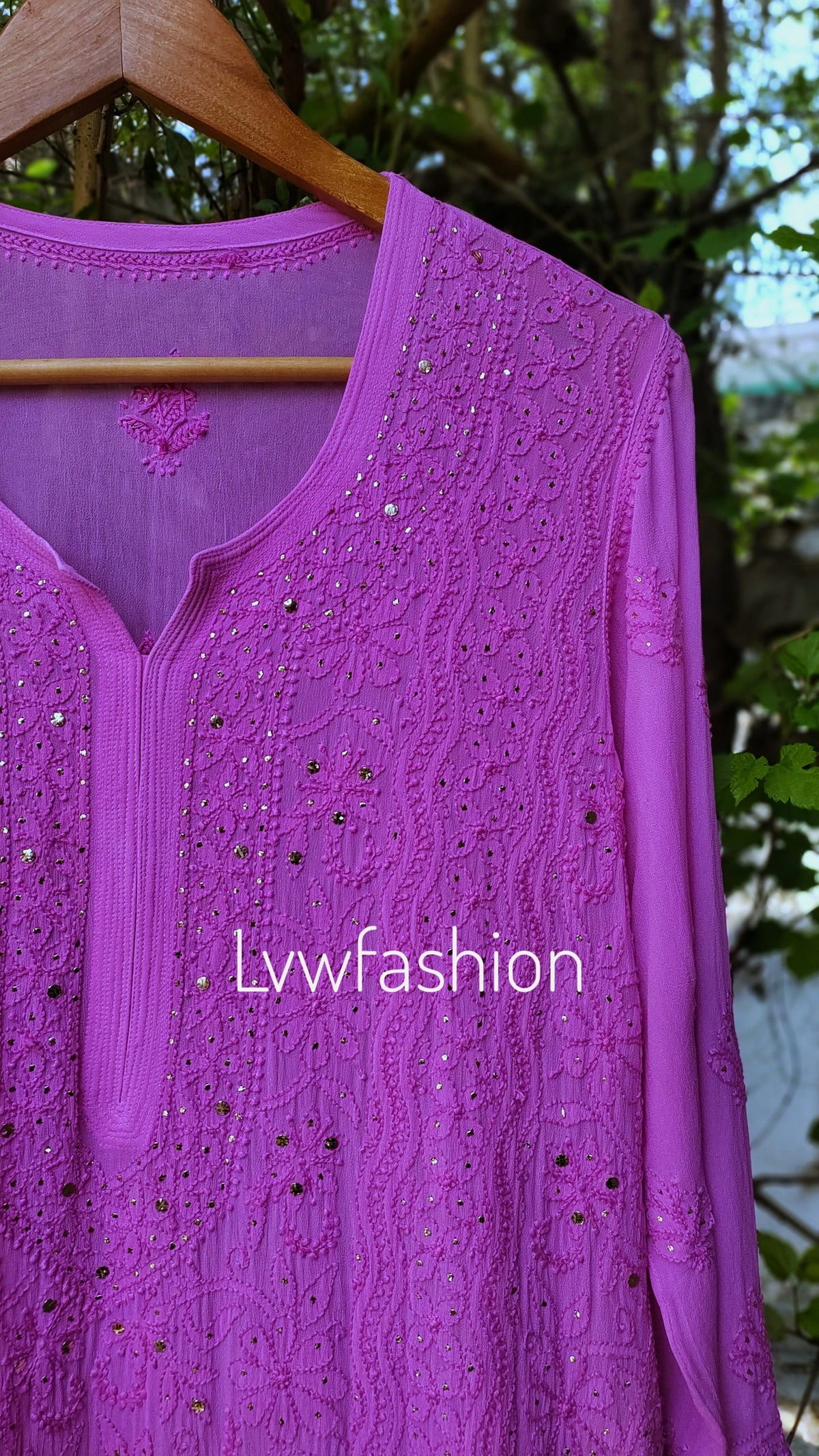 Beautiful rose-toned georgette 3-piece sharara set with ombre shades, featuring intricate chikankari embroidery by LVW Fashion.