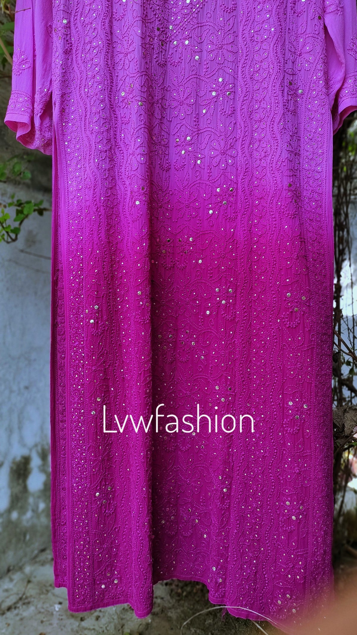 Beautiful rose-colored georgette 3-piece sharara set with ombre shades, featuring intricate chikankari embroidery by LVW Fashion.