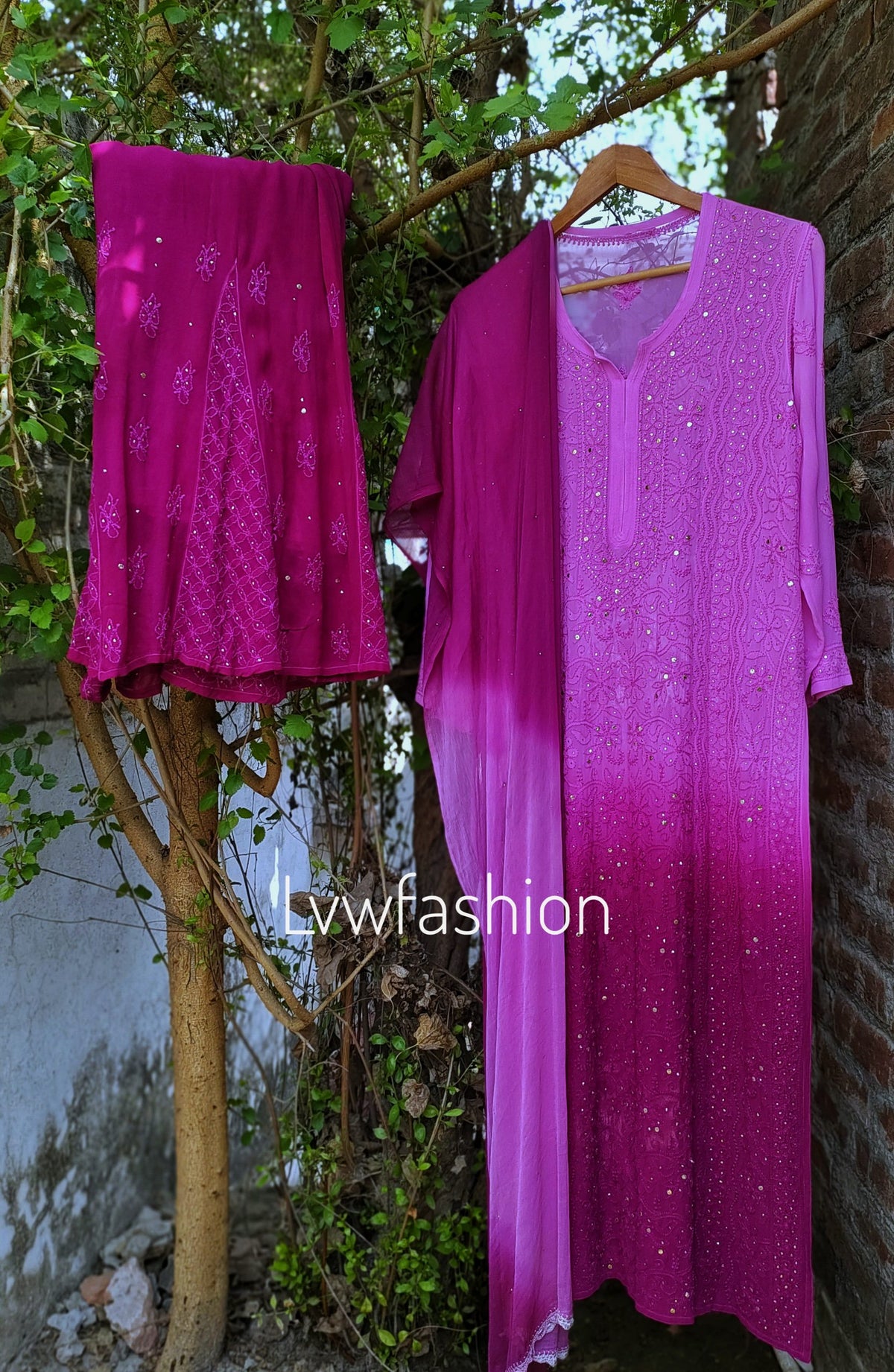 Beautiful rose ombre shade georgette 3-piece sharara set by LVW Fashion, featuring intricate chikankari embroidery and elegant design.