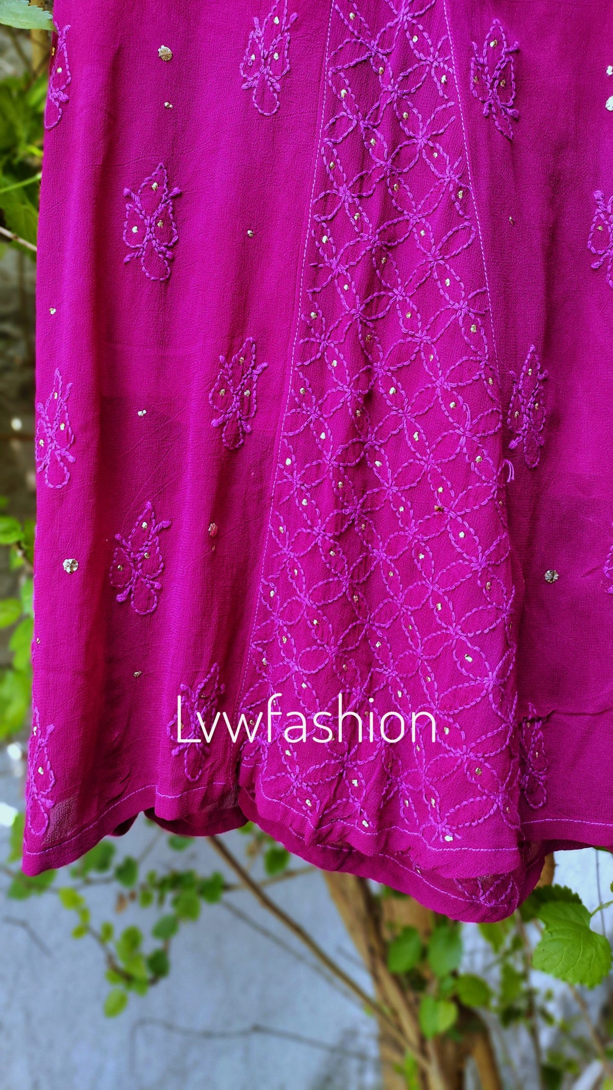 Beautiful rose ombre georgette 3-piece sharara set with chikankari embroidery, includes kurta, sharara, and dupatta, by LVW Fashion.