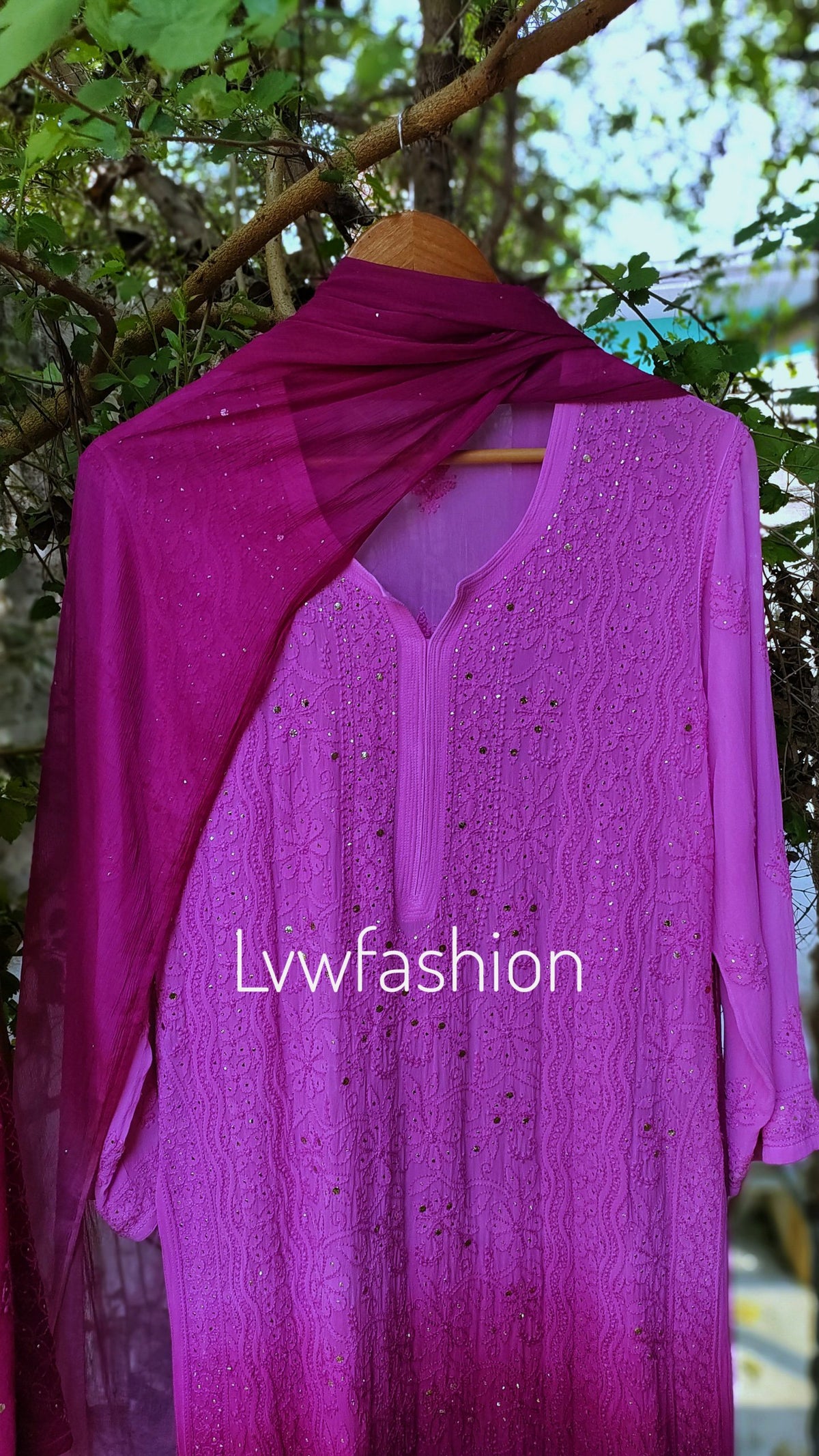 Beautiful rose ombre shade 3-piece sharara set with premium georgette fabric and intricate chikankari by LVW Fashion.