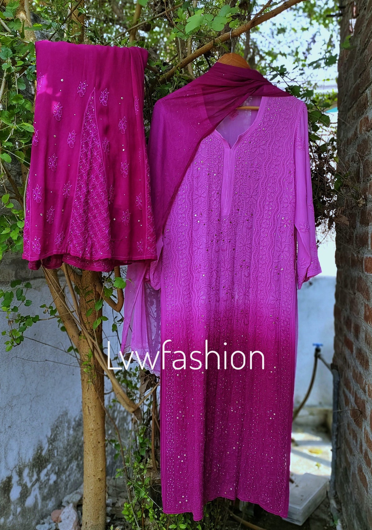Beautiful rose ombre georgette 3-piece sharara set with chikan embroidery, featuring a kurta and matching dupatta from LVW Fashion.