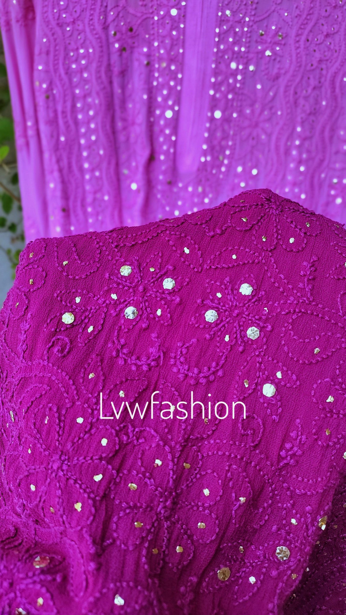Beautiful rose-colored premium georgette 3-piece sharara set with ombre shades, featuring intricate chikankari embroidery by LVW Fashion.