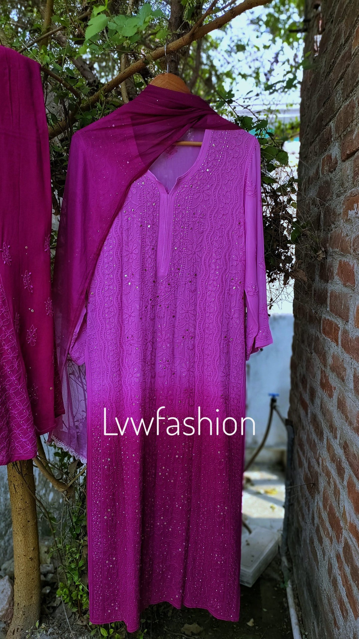 Beautiful rose pink premium georgette 3-piece sharara set with ombre shades, featuring elegant kurta from LVW Fashion Luxurious Chikankari.