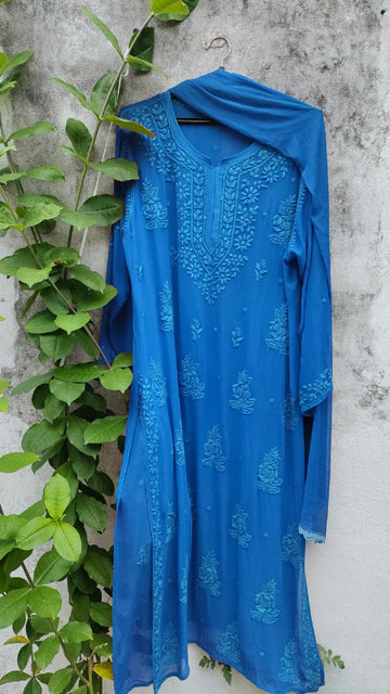 Sky blue Rose Premium Georgette Chikankari Kurta Set by LVW Fashion, featuring intricate hand-embroidery and elegant traditional design.