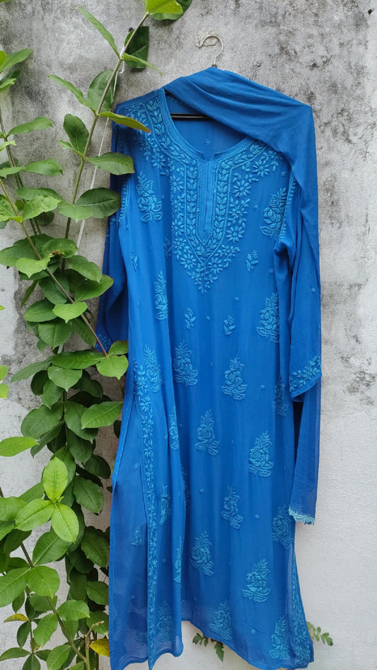 Sky blue Rose Premium Georgette Chikankari Kurta Set by LVW Fashion, featuring intricate hand-embroidery and elegant traditional design.