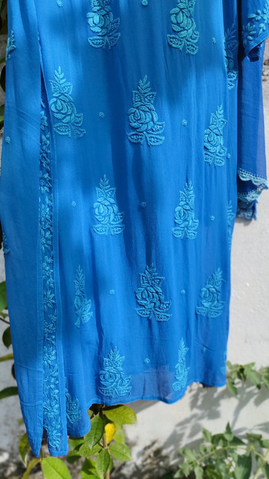 Sky blue Rose Premium Georgette Chikankari Kurta Set by LVW Fashion, featuring intricate embroidery and elegant traditional design.