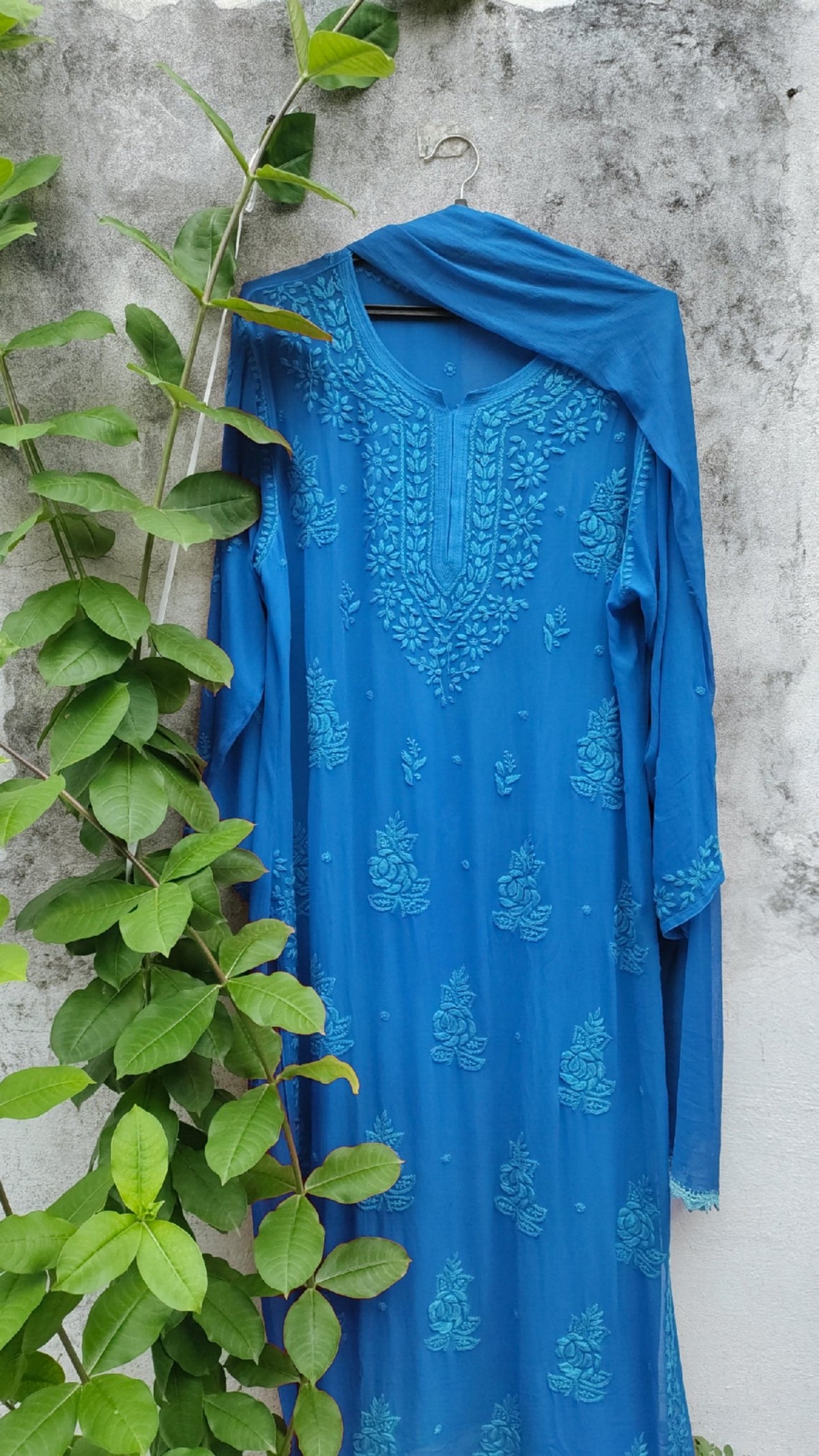 Sky blue Rose Premium Georgette Chikankari Kurta Set by LVW Fashion, featuring intricate embroidery and elegant design.