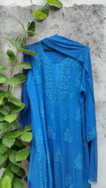Sky blue Rose premium georgette Chikankari kurta set by LVW Fashion, featuring intricate embroidery and elegant design.