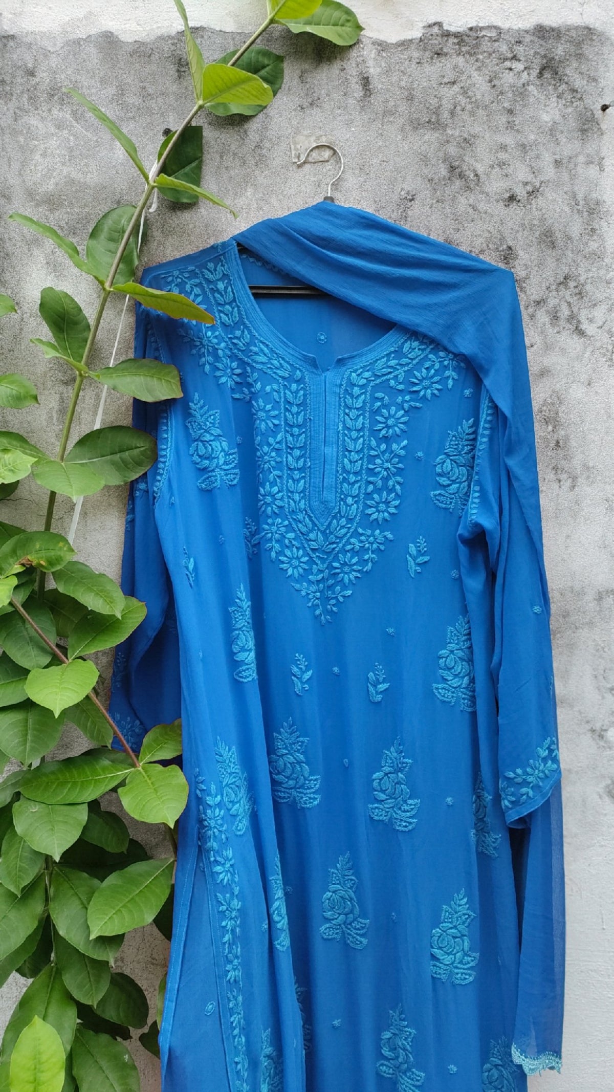 Sky blue Rose premium georgette Chikankari kurta set by LVW Fashion, featuring intricate embroidery and elegant design.