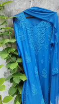Sky blue Rose Premium Georgette Chikankari Kurta set by LVW Fashion with intricate embroidery and matching bottom, front view.