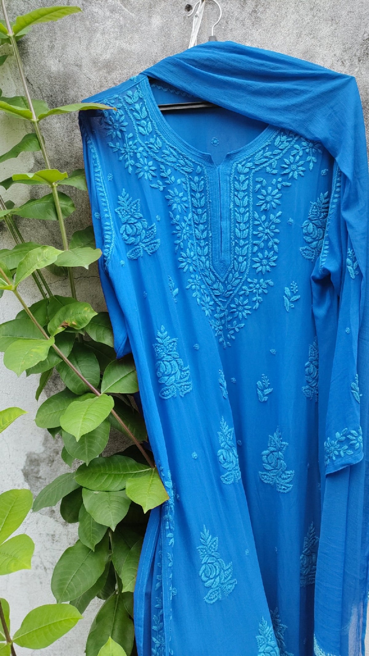 Sky blue Rose Premium Georgette Chikankari Kurta set by LVW Fashion with intricate embroidery and matching bottom, front view.