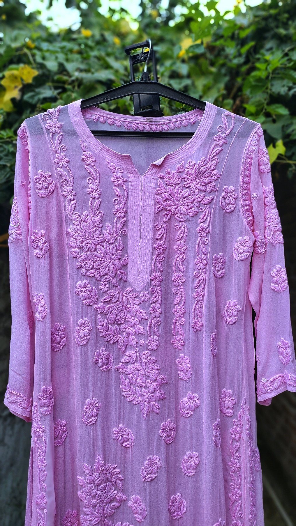 Pinkish Sana LVW Fashion Chikankari Kurta with rose embroidery in luxurious georgette, showcasing intricate hand-embroidery details.