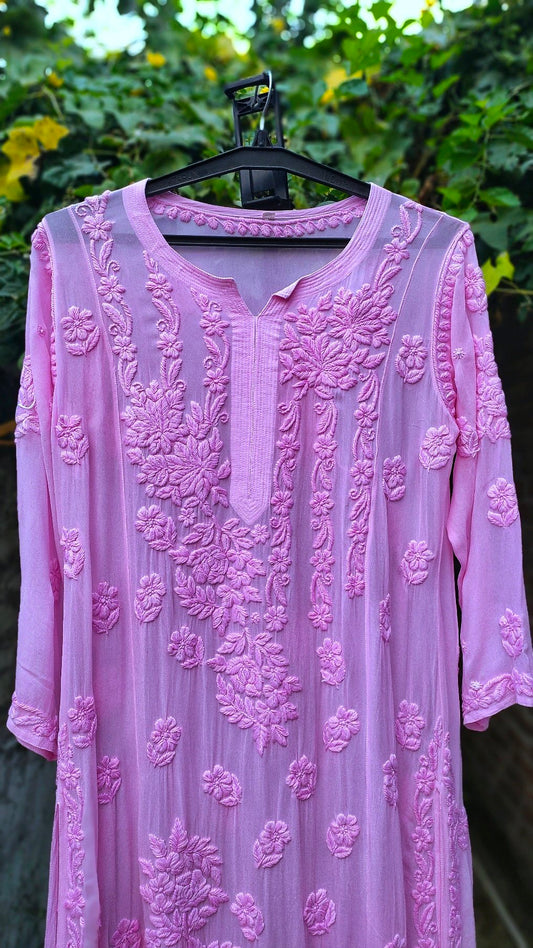 Pinkish Sana LVW Fashion Chikankari Kurta with rose embroidery in luxurious georgette, showcasing intricate hand-embroidery details.