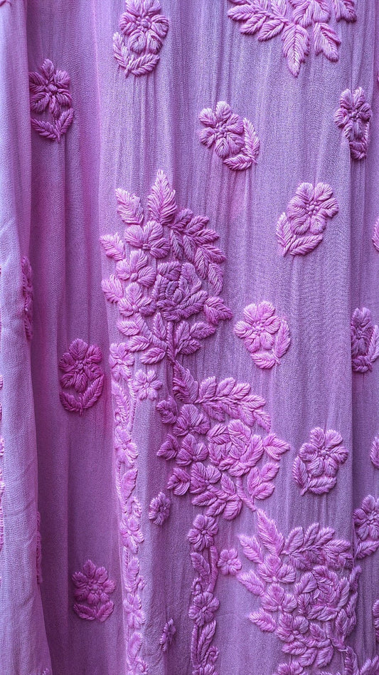 Pinkish Sana luxury kurta with rose embroidery, premium georgette fabric, and intricate chikankari details by LVW Fashion Luxurious Chikankari.