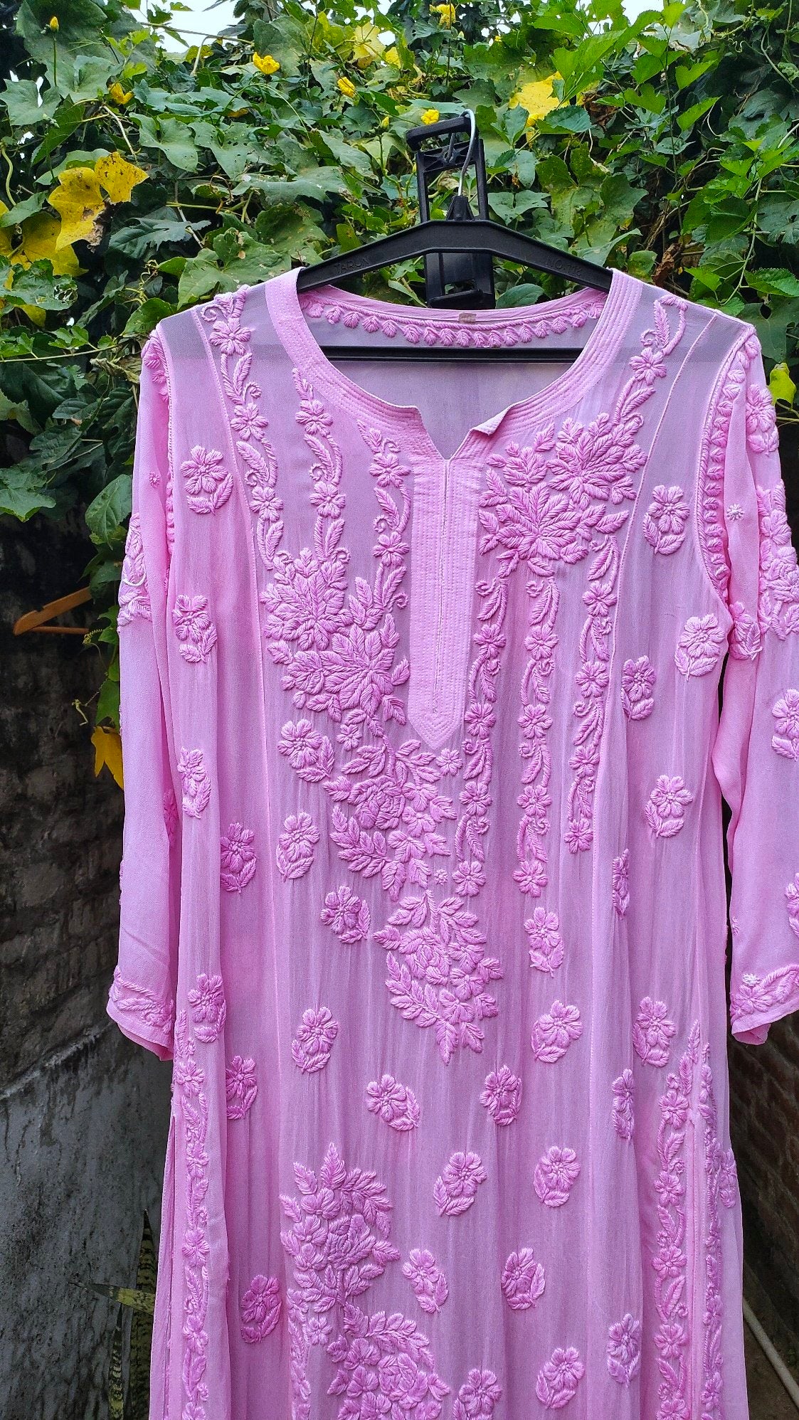 Pinkish Sana Kurta with rose embroidery, luxurious Georgette fabric, LVW Fashion Chikankari premium kurta for elegant look.