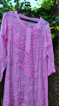Pinkish Sana Kurta with rose embroidery, luxurious georgette fabric, premium Chikankari by LVW Fashion Luxurious Chikankari.