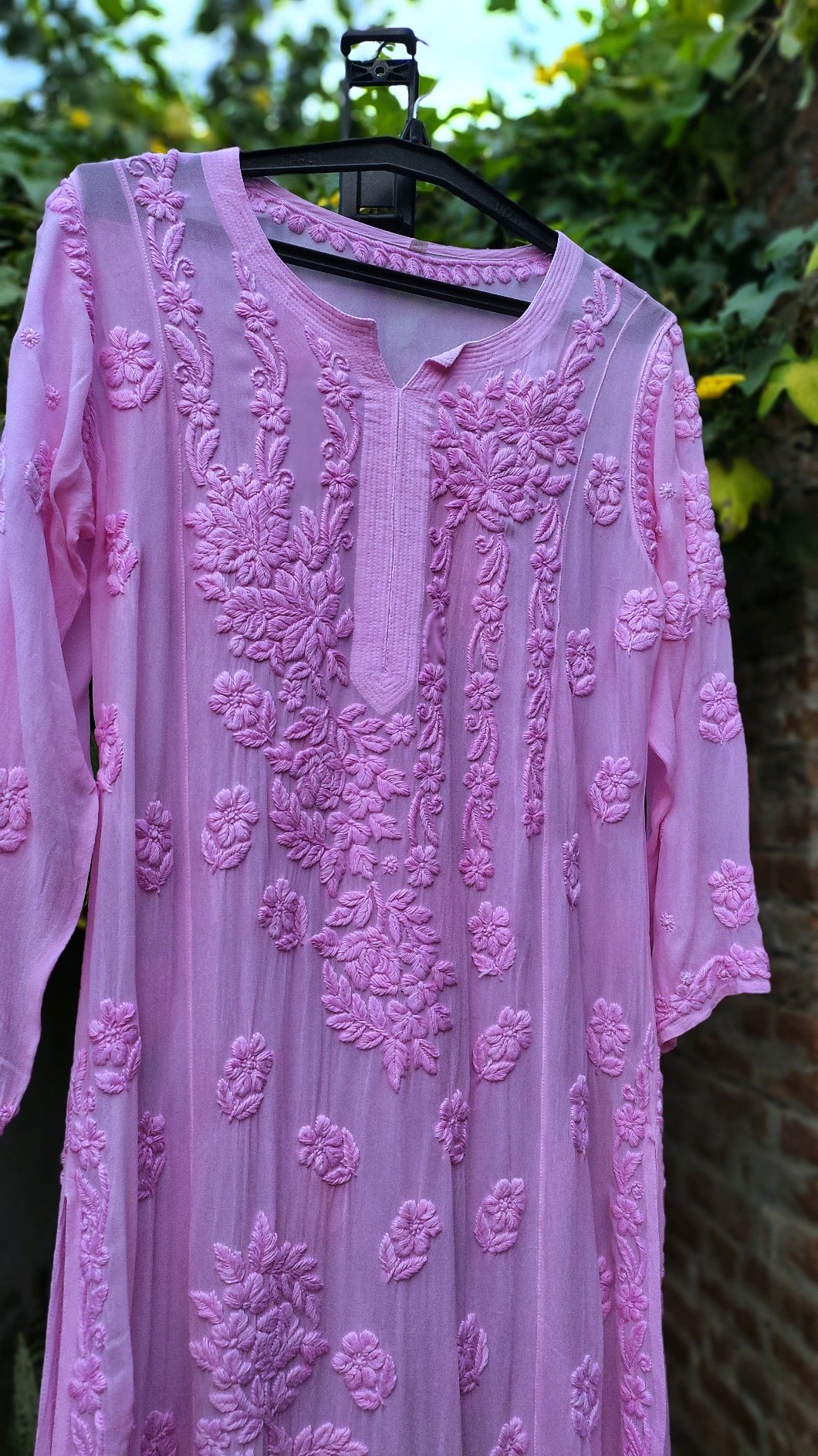 Pinkish Sana Kurta with rose embroidery, luxurious georgette fabric, premium Chikankari by LVW Fashion Luxurious Chikankari.