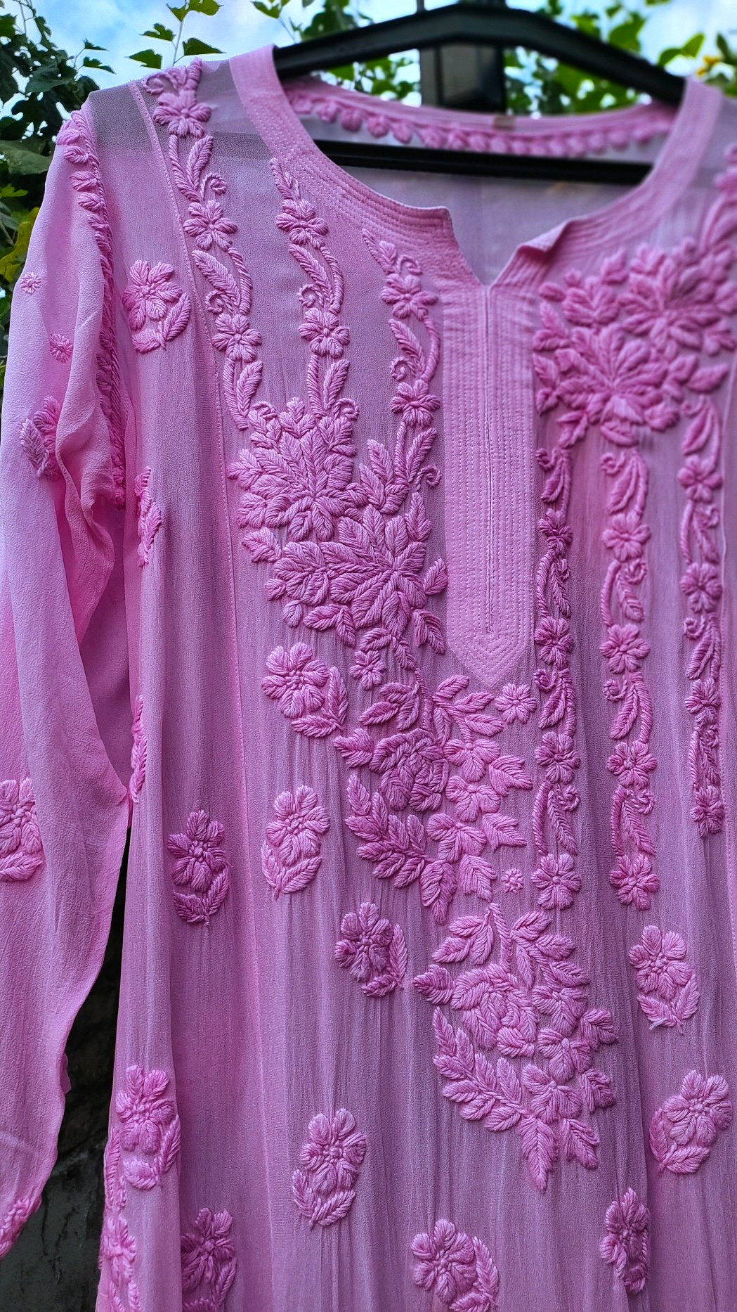 Pinkish Sana Kurta by LVW Fashion with luxurious rose embroidery on premium georgette, showcasing intricate chikankari craftsmanship.