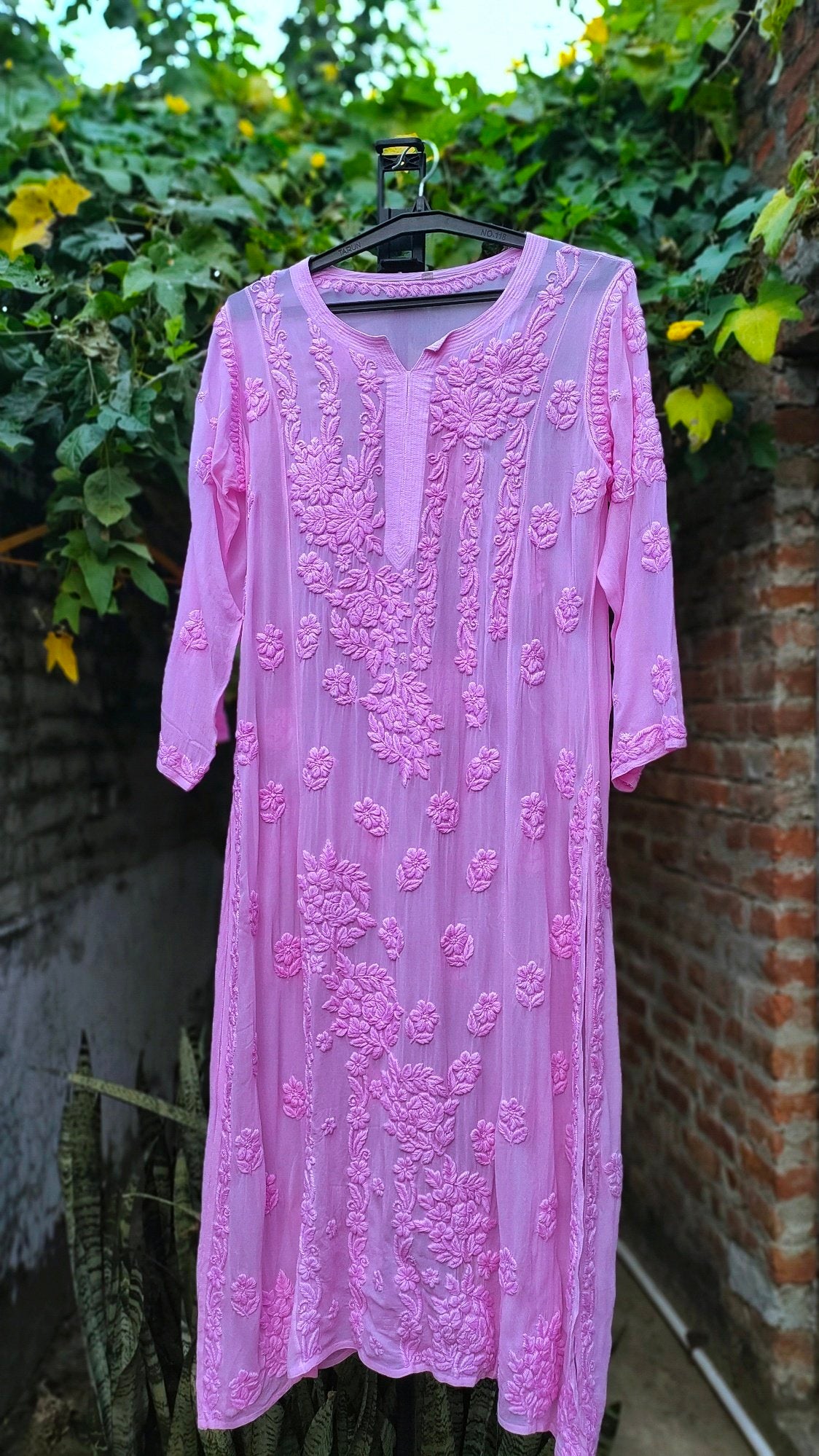 Pinkish LVW Fashion Luxurious Chikankari kurta with rose embroidery, crafted from premium georgette for a luxurious look.