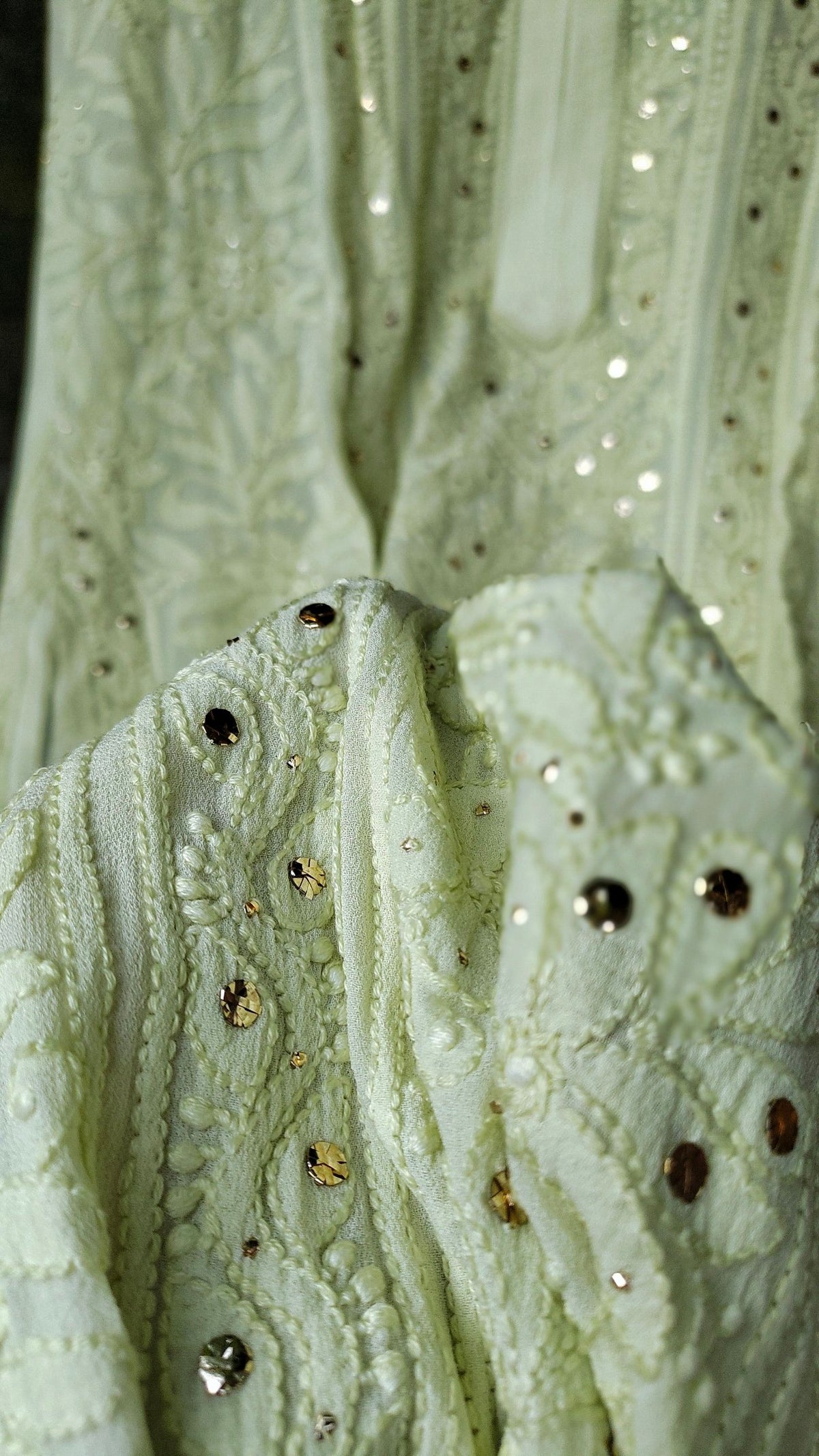Sober Pista premium georgette long Chikankari kurta by LVW Fashion, featuring intricate hand-embroidery and a flowing silhouette.