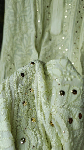 Sober Pista premium georgette long Chikankari kurta by LVW Fashion, featuring intricate hand-embroidery and a flowing silhouette.