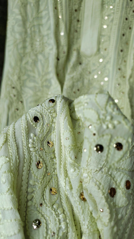 Sober Pista premium georgette long Chikankari kurta by LVW Fashion, featuring intricate hand-embroidery and a flowing silhouette.