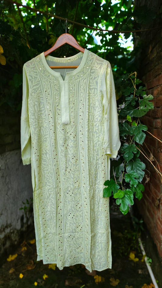 Sober Pista green long Chikankari kurta in premium georgette fabric by LVW Fashion Luxurious Chikankari.