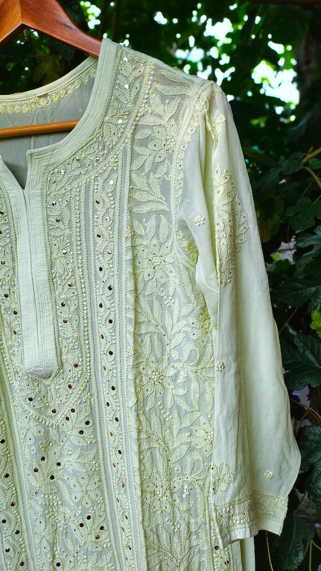 LVW Fashion Sober Pista Georgette Long Chikankari Kurta with intricate embroidery, luxurious and elegant traditional Indian attire.