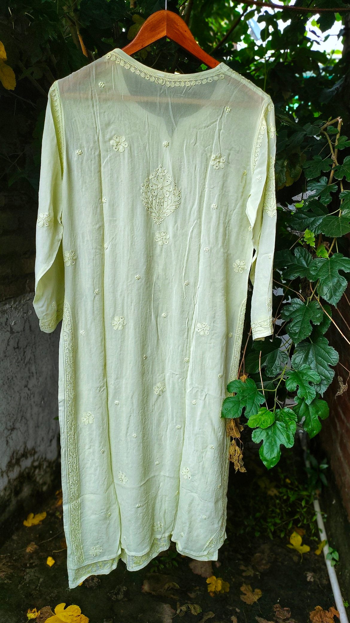 Sober Pista green long georgette kurta with intricate chikankari embroidery, luxury LVW Fashion design, premium craftsmanship.