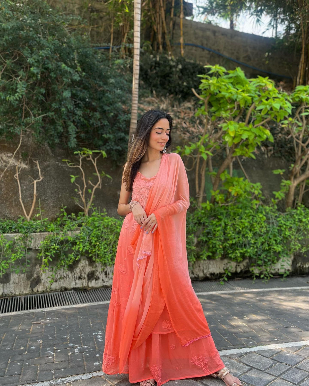 LVW Fashion Tulip Premium Georgette Skirt Set featuring a chic top and flowing skirt with intricate Chikankari embroidery.