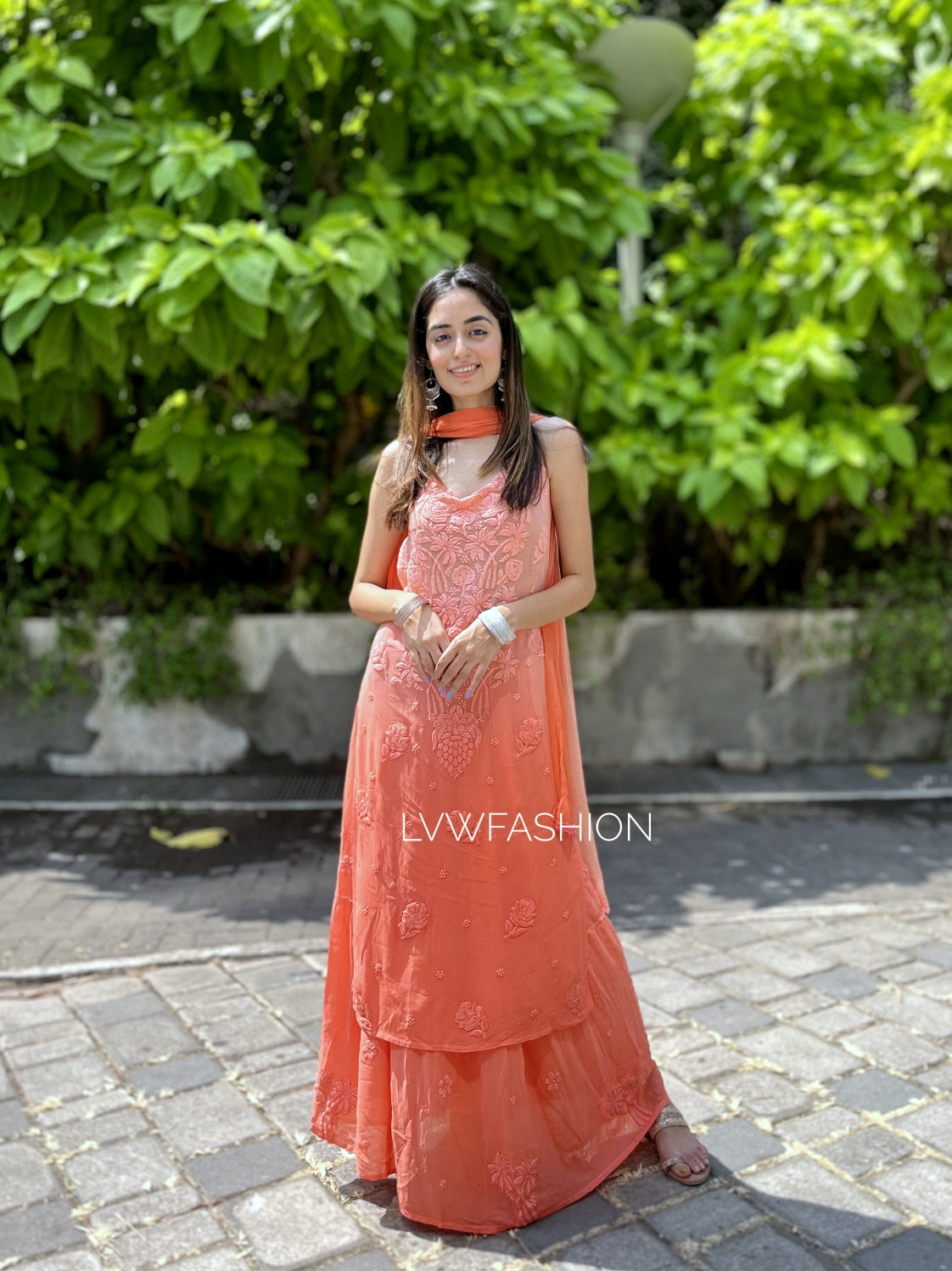 LVW Fashion Tulip Premium Georgette Skirt Set featuring a luxurious Chikankari top and matching skirt, elegant and stylish.