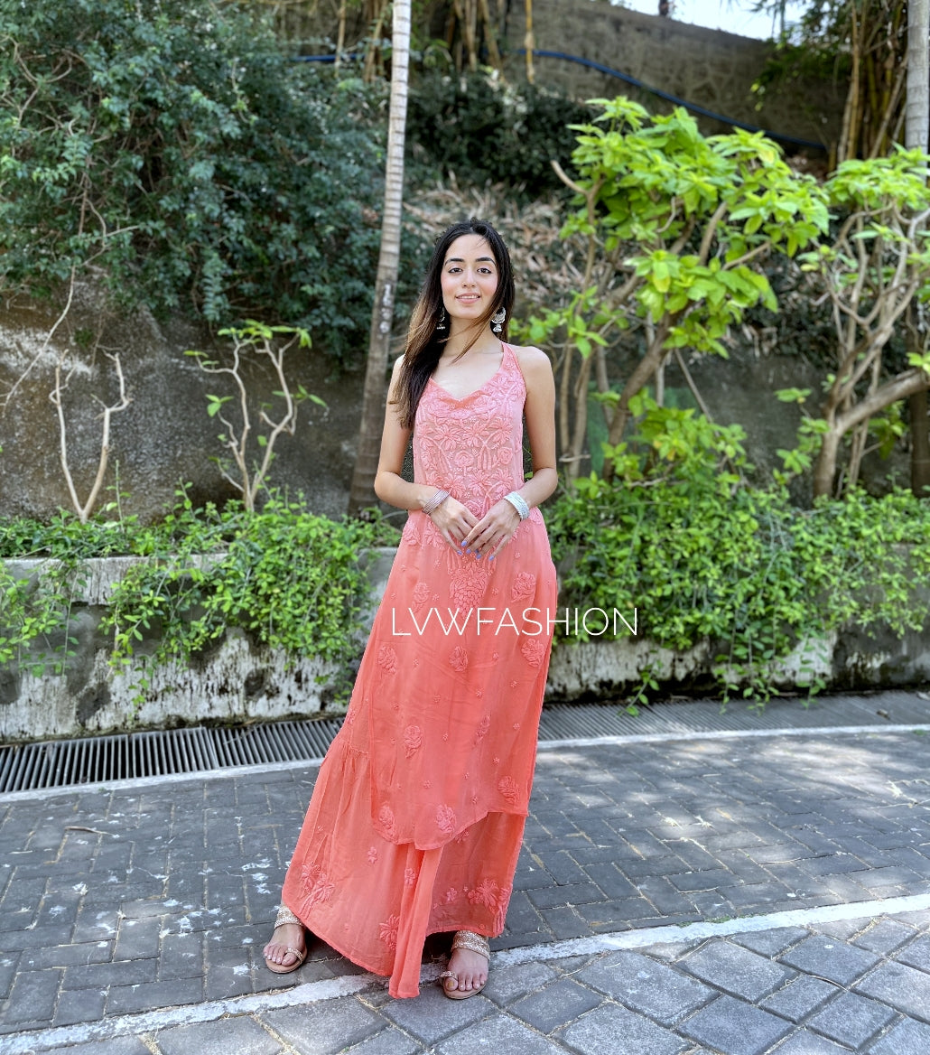 LVW Fashion luxury Tulip Premium Georgette Skirt Set with Chikankari embroidery, featuring a top and matching skirt in soft fabric.