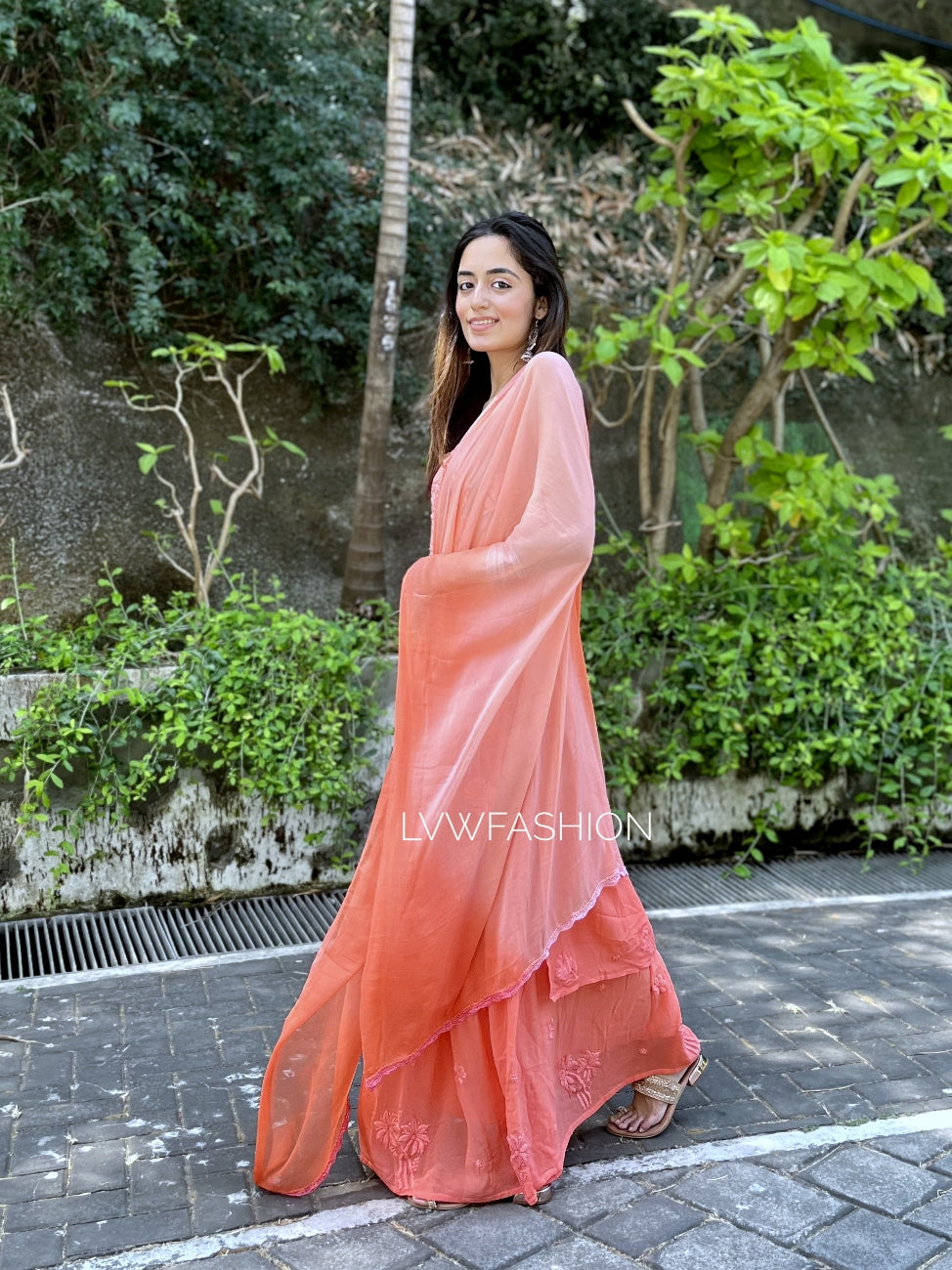 Luxurious Tulip Premium Georgette Skirt Set by LVW Fashion featuring elegant Chikankari embroidery and a stylish top.