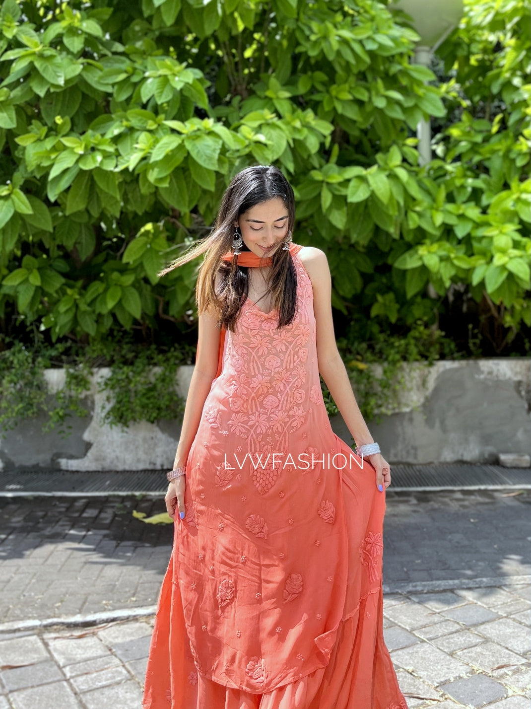 LVW Fashion luxurious Chikankari Tulip Premium Georgette Skirt Set, featuring a stylish top and matching skirt in elegant design.