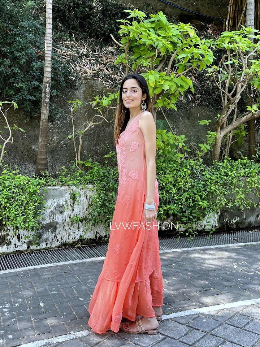 LVW Fashion Tulip Premium Georgette Skirt Set featuring a stylish top and flowing skirt with intricate chikankari embroidery.