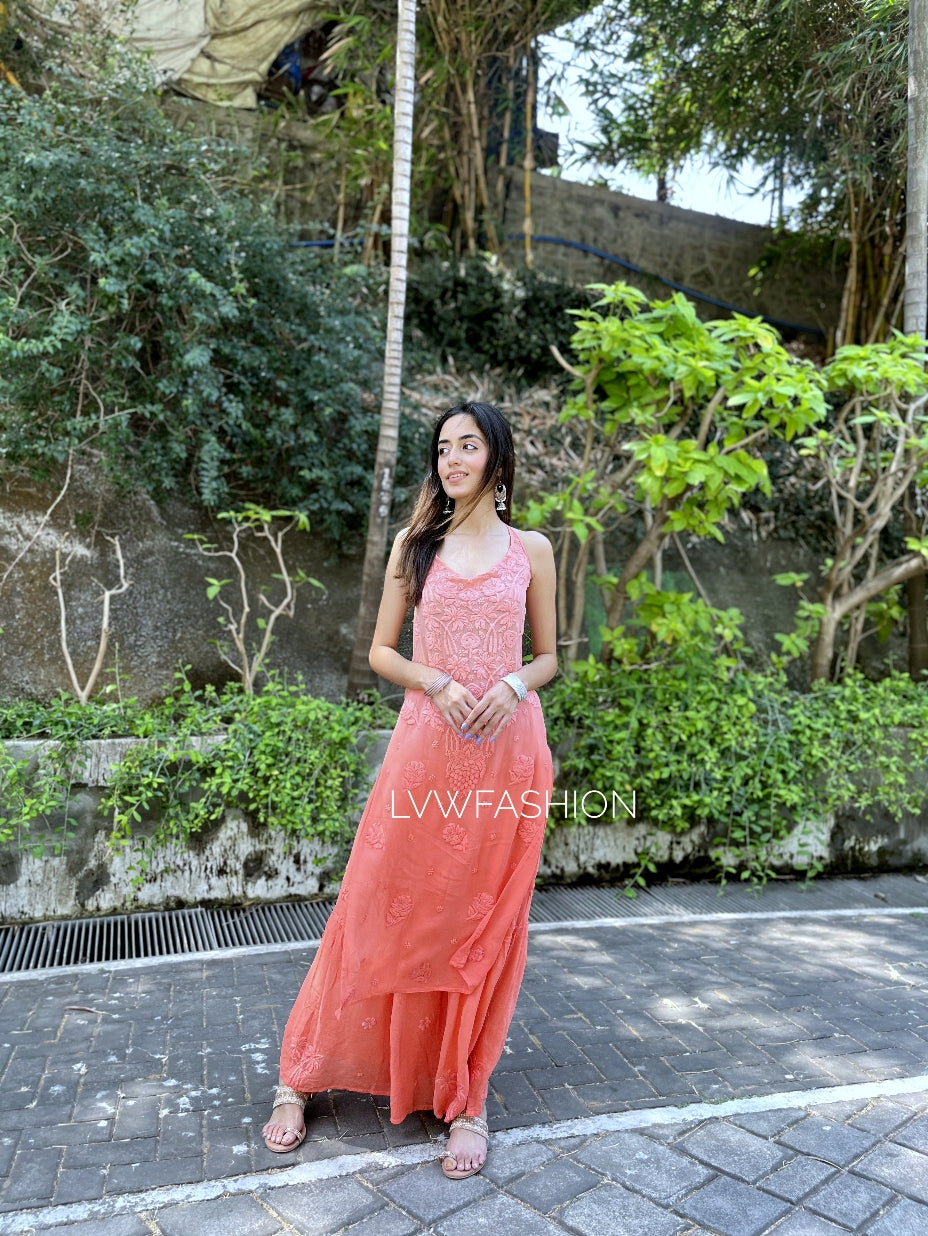 Luxurious Tulip Premium Georgette Skirt Set with Chikankari embroidery by LVW Fashion, featuring a stylish top and matching skirt.