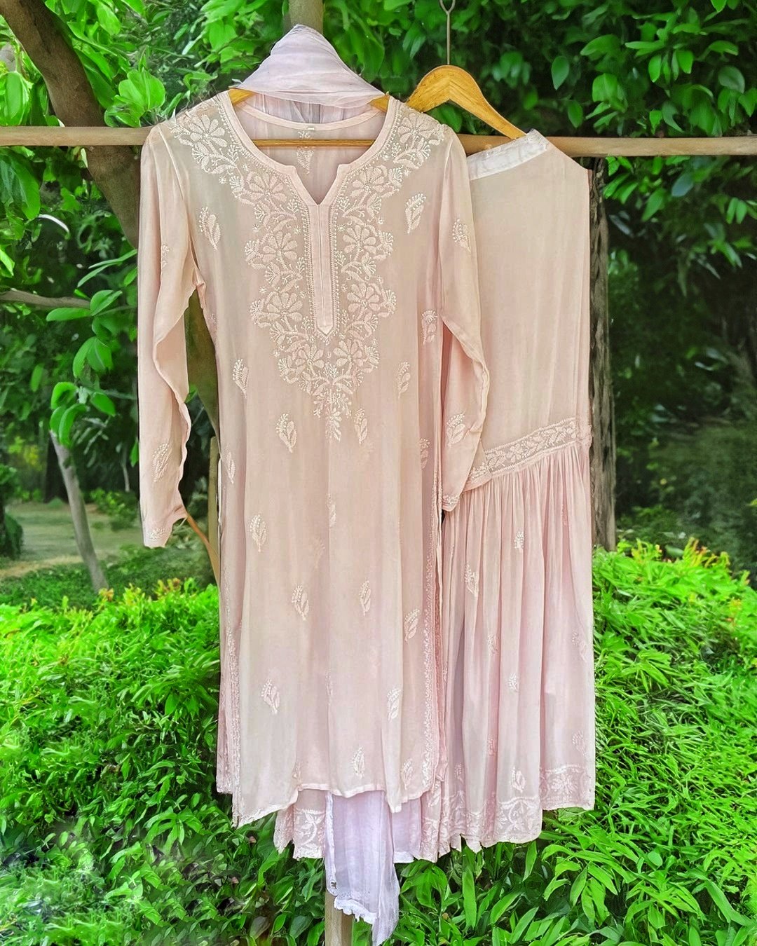Ivory Pakizah Premium Georgette Gharara Chikankari Set by LVW Fashion with intricate embroidery and traditional design.